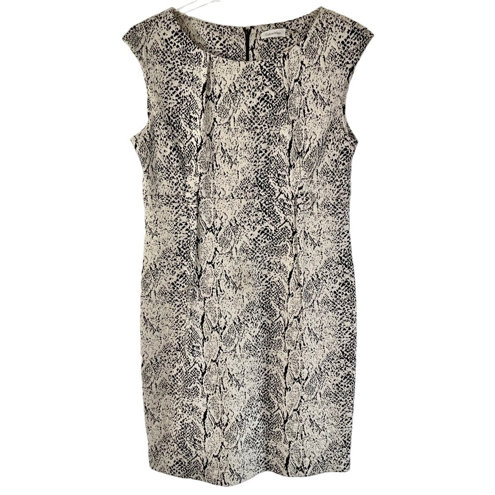 Calvin Klein Snakeskin Dress, Size L Large,‎ Cream, Black & Grey Knit Midi
